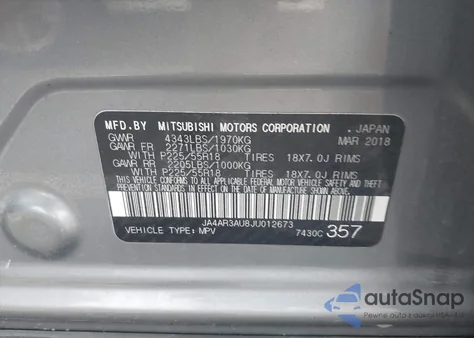 2018 Mitsubishi Outlander Sport 2.0 Es z USA, uszkodzony, nr VIN JA4AR3AU8JU012673